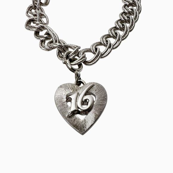 Monet Bracelet Chunky Link Removable Dangling Heart Charm 16 Silver Tone Vintage - Picture 1 of 10